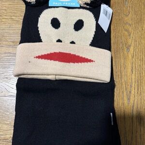 Paul Frank Julius Beanie & Scarf Set Black Beige Red Acrylic Pom-pom